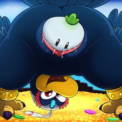 ass avian bird bracelets captain_toad_treasure_tracker clitoris feather female food gem gold half-closed_eyes lonbluewolf looking_at_viewer mario_(series) nintendo open_mouth pussy red_eyes rule_63 tongue treasure turban turnip vegetable video_games wingo_(mario)