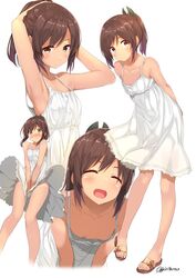 armpits bare_shoulders blush bow breasts brown_eyes brown_hair casual cleavage closed_eyes clothed collage covering covering_crotch cute down_blouse dress dress_tug embarrassed female gintarou_(kurousagi108) i-401_(kantai_collection) kantai_collection leaning_forward legs long_hair multiple_views no_bra no_panties ponytail sandals short_ponytail simple_background small_breasts smile sundress tan tanline tied_hair twitter_username white_background white_dress wind wind_lift