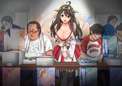 bare_shoulders black_eyes black_hair blush breasts cleavage convention cosplay detached_sleeves embarrassed fat_man female glasses haruna_(kantai_collection) haruna_(kantai_collection)_(cosplay) headgear highres indoors jall_boint japanese_clothes kantai_collection large_breasts legs long_hair looking_at_viewer money navel no_eyes original otaku parted_lips public red_skirt sitting skirt smile standing table thighhighs thighs