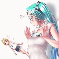 2girls aqua_eyes aqua_hair blonde_hair breast_conscious breasts cellphone dutch_angle earrings female hair_ornament hair_ribbon hairclip hatsune_miku jewelry kagamine_rin long_hair multiple_girls nail_polish nipples phone ribbon see-through shorts small_breasts smartphone tank_top tied_hair twintails vocaloid white_background wokada