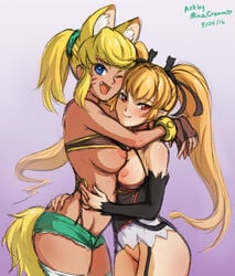 2girls ;d animal_ears areolae armwear bare_shoulders blonde_hair blue_eyes blush bracelet breasts breasts_out cute_fang dated dress female friends garter gloves hair_ornament heart hips hug liru long_hair minacream multiple_girls nipples no_panties pachira pointy_ears ponytail pubes red_eyes renkin_san-kyuu_magical_pokaan shirt_lift shorts simple_background smile standing suspenders tail teeth tied_hair twintails very_long_hair wink wolf_ears wolf_tail