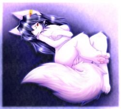 anthro blush breasts canine censored claws female fur furry furry_only hazukikai hi_res hindpaw jewelry lying mammal naked nude on_back one_eye_closed pawpads paws pussy red_eyes shy solo tail white_fur