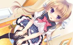 ayase_chisato black_legwear blush bow bow_panties breasts brown_hair censored chuunibyou_na_kanojo_no_love_equation dutch_angle female frilled_skirt frills game_cg garter_straps hair_intakes hair_ornament hair_ribbon hairclip hands_on_own_knees heart_hair_ornament indoors knees_together_feet_apart long_hair looking_at_viewer mosaic_censoring open_mouth panties panty_pull peeing pink_bow purple_eyes pussy ribbon school_uniform short_sleeves sitting skirt solo striped striped_ribbon surprised thighhighs tile_floor tiles toilet toilet_paper toilet_use underwear urine very_long_hair x_hair_ornament yukie_(peach_candy)