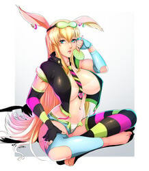 absurdres animal_ears asymmetrical_gloves between_breasts blue_eyes breasts bunny_ears candy detached_sleeves dixi-q earrings elbow_gloves feet female goggles goggles_on_head highres large_breasts lollipop long_hair multicolored_hair navel navel_piercing necktie necktie_between_breasts open_clothes open_fly open_shirt original panties short_shorts shorts single_elbow_glove single_sleeve sitting sleeveless solo striped striped_gloves striped_legwear tanline thighhighs toeless_legwear underwear very_long_hair