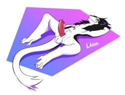 1boy anthro balls erection fur hair laionss looking_at_viewer male male_only nude penis sergal simple_background smile solo white_fur