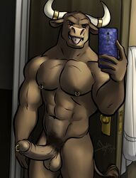 1boy anthro balls bgn big_penis bovine brown_body foreskin genital_piercing holding_object holding_phone horn invalid_tag male male_only mammal muscular nipple_piercing nipples penis penis_piercing phone piercing prince_albert_piercing pubes selfie solo tongue tongue_out tongue_piercing uncircumcised uncut