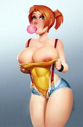 1girls aged_up alternate_breast_size areola areolae bare_shoulders big_breasts blue_background blue_eyes blush breasts bubble bubble_blowing bubble_gum bursting_breasts busty cleavage color denim edit erect eyelashes eyeshadow female female_only foreskin green_eyes hair half-closed_eyes hourglass_figure huge_breasts human human_only kasumi_(pokemon) large_breasts leotard lipstick looking_at_viewer makeup mascara navel nintendo nipples orange_hair pale_skin pokemon ponytail pussy red_hair shirt short shorts solo standing suspenders sweatband swimsuit taboolicious text thick_thighs tied_hair tomboy undressing voluptuous zipper