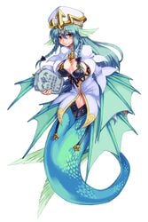 aqua_hair bra braid breasts fins hat head_fins kenkou_cross long_hair lowres mermaid monster_girl monster_girl_encyclopedia official_art red_eyes sea_bishop sea_bishop_(monster_girl_encyclopedia) stone_tablet tied_hair underwear