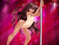 arion_canvas artist_request breasts cum female game_cg lilith-soft long_hair magical_girl mizuki_yukikaze nipples nude pole_dancing shiny_skin smile solo sweat taimanin_yukikaze tan tied_hair twintails very_long_hair