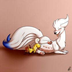 1boy 1girls alternate_color ambiguous_gender belly big_belly birth blush canine closed_eyes feet female feral fetus fox fur furry mammal multi_nipple multi_tail ninetales nintendo nipples original_character paws pokemon pokemon_(species) pregnant pussy pussy_juice shikaro shiny_ninetales shiny_pokemon shiny_vulpix size_difference straight text video_games vulpix wet