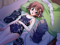 :o blue_swimsuit blush cum cum_on_body curtains female from_above looking_at_viewer looking_up lying on_back on_bed open_mouth pillow red_hair school_swimsuit short_hair solo swimsuit thighhighs thighhighs_removed white_legwear window