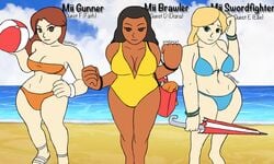 3girls athorment barely_clothed beach beach_ball big_breasts bikini black_eyes black_hair blonde_hair bracelet breasts brown_hair cleavage dark-skinned_female dark_skin female green_eyes guest_d guest_e guest_f large_breasts light-skinned_female long_hair looking_at_viewer mii mii_brawler mii_gunner mii_gunner_(smash_4) mii_swordfighter mob_face multiple_girls nintendo pale_skin sandals smile super_smash_bros. super_smash_bros._for_nintendo_3ds_and_wii_u swimsuit text thick thick_thighs thighs trio umbrella wide_hips