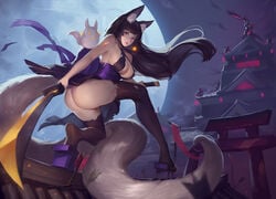 1girls animal_ears ass black_hair breasts building cleavage crimson_k_night dat_ass female female_only foxgirl long_hair necklace night ninja no_bra original purple_eyes realistic solo sword tail thighhighs torii torn_clothes weapon