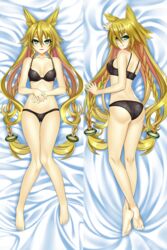 animal_ears ass back barefoot black_bra black_panties blonde_hair bra braid breasts dakimakura female floral_print fox_ears gradient gradient_hair green_eyes hair_between_eyes handsofmidaz highres long_hair looking_at_viewer low-tied_long_hair lying metallia multiple_views navel nippon_ichi_software on_back on_side panties pink_hair sheet_grab smile solo the_witch_and_the_hundred_knight tied_hair twin_braids underwear_only very_long_hair