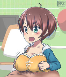 1boy 1girls ahoge big_breasts blush breasts brown_hair clothing ekz female green_eyes human male male_pubic_hair new_game! outercourse paizuri paizuri_under_clothes pubic_hair shinoda_hajime straight