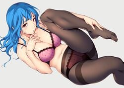 :o blue_hair blush bra breasts cleavage crouching feet female legs long_hair looking_at_viewer lying on_back original panties pantyhose red_eyes simple_background sugarbeat underwear white_background