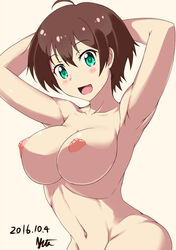 1girls ahoge areolae armpit big_breasts blush breasts brown_hair female green_eyes human new_game! nisiumi_y nude shinoda_hajime