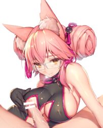 1boy 1girls animal_ear_fluff animal_ears bespectacled black_gloves blush breasts censored closed_mouth covered_nipples cum cum_string cute double_bun eyebrows_visible_through_hair fate/grand_order fate_(series) female fox_ears glasses gloves heart heart-shaped_pupils imminent_oral koyanskaya_(chinese_lostbelt_outfit) koyanskaya_(fate) large_breasts light-skinned_female light-skinned_male light_skin looking_at_viewer mogullaz nipples oral oral_sex paizuri penis petite pink_hair short_hair simple_background sleeveless smile solo_focus symbol-shaped_pupils white_background yellow_eyes