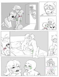 1boy 2girls ass bald bed bisexual black_lipstick bowtie breasts calliope calliope_(homestuck) cherub clothing comic cuddling cum cum_on_face dialogue fellatio female group group_sex homestuck human john_egbert kissing long_tongue male mammal ms_paint_adventures naked nipples oral paradoxjelli penetration penis pussy roxy_lalonde sex sharp_teeth short_hair straight text threesome uwu vaginal_penetration white_background white_hair white_skin