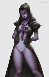 1girls belly blizzard_entertainment breasts coat cosplay covered_nipples dandon_fuga female female_only hands_in_pockets hood hooded_jacket jacket large_breasts long_coat long_hair looking_at_viewer maebari naked_coat navel nipples open_clothes open_jacket overwatch overwatch_2 pasties ponytail purple_hair purple_skin pussy reaper_(cosplay) smile solo stomach tied_hair topless widowmaker yellow_eyes