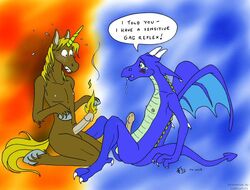 2005 anthro balls blue_body claws collaboration dialogue dragon drooling english_text equine erection fio fire hooves horn humor lilbluecolt male mammal nipples penis saliva scalie small_wings surprised tears text unicorn western_dragon wings yaoi