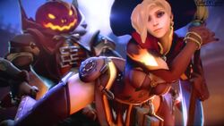 3d alternate_costume animated armwear blonde_hair blue_eyes breasts broom broomstick cakeofcakes cleavage female from_behind halloween headwear legwear looking_at_viewer male mercy no_sound overwatch pale_skin pumpkin_reaper reaper source_filmmaker video witch witch_hat witch_mercy