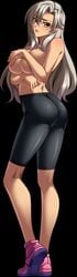 ass bike_shorts bishop_(company) breasts clothing covering_breasts dark-skinned_female dark_skin female full_body game_cg kagami_hirotaka large_breasts long_hair mesu_kyoushi_3 milf mizusawa_chisato mole mole_under_eye shoes silver_hair solo yellow_eyes