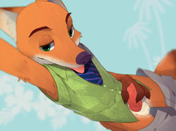 123autumn 1boy animal_genitalia animal_penis anthro armpits balls camera_view canine_penis clothed clothing disney dress_shirt erection fur green_eyes knot looking_at_viewer male male_only nick_wilde orange_fur pants_down penis selfie shirt simple_background solo standing zootopia