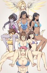 2d 6+girls 8girls bare_shoulders barefoot belly bikini black_hair blizzard_entertainment blonde_hair blue_eyes breasts brown_eyes brown_hair carrying cleavage closed_eyes covered_breasts d.va dark-skinned_female dark_skin eye_of_horus facepaint feet female female_only gebyy-terar glasses goggles green_eyes highres large_breasts leotard long_hair mechanical_halo mechanical_wings medium_breasts megane mei_(overwatch) mercy midriff multiple_girls navel one_eye_closed open_mouth overwatch pharah pink_hair pose posing purple_hair purple_skin short_hair simple_background smile spread_wings swimsuit symmetra toes tongue tracer whisker_markings white_background widowmaker wings wink yellow_eyes zarya