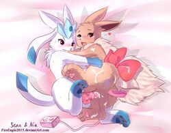 1boy 1girls 2016 anal_insertion anus ass bed blue_fur blush bow brown_fur canine canine_penis cuddling cum cum_in_mouth cum_in_pussy cum_inside cum_on_body cum_on_face cum_on_feet cum_on_own_face eevee eeveelution emma_the_eevee eyelashes facial feet female furry glaceon heart hug interspecies invalid_tag knot long_ears looking_at_viewer lying male moans nintendo nude open_mouth original_character paws penetration penis pink_background pokemon pokemon_dppt pussy pussy_juice red_eyes ribbon saliva senz sex sex_toy shadow smile straight sweat tail tears text tongue vibrator video_games wet white_fur