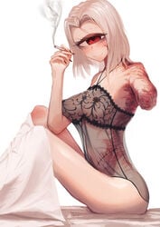 1girls areolae ass breasts cyclops eyelashes female gino holding monster_girl nipples one-eyed original original_character red_eyes scar see-through simple_background sitting smile smoking solo white_background white_hair