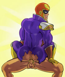 2boys anal anal_sex anus ass back_view balls bara captain_falcon clothed clothed_sex f-zero gay male male_only muscle muscular muscular_male penis puffy_anus ripped_clothing simple_background torn_clothes video_games white_background yaoi