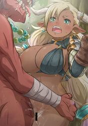 against_tree almeida_(granblue_fantasy) aqua_eyes areolae asymmetrical_earrings bangs bar_censor bikini_top blonde_hair brown_gloves censored cum cum_on_body cum_on_lower_body dark_skin diamond_(shape) doraf earrings eyebrows eyebrows_visible_through_hair eyes_visible_through_hair female forest gloves goblin goblin_male granblue_fantasy hair_between_eyes highres horn_ornament horn_ring horns jewelry long_hair long_sleeves low_twintails midriff nature nose_bubble one_breast_out open_mouth pointless_censoring pointy_ears quo625 rape red_skin saliva sex solo_focus standing straight sweat tears teeth tied_hair tongue tongue_out torso_grab tree twintails vaginal_penetration very_long_hair