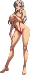 barefoot bishop_(company) breasts covering_breasts dark-skinned_female dark_skin female full_body game_cg kagami_hirotaka large_breasts long_hair mesu_kyoushi_3 milf mizusawa_chisato mole mole_under_eye silver_hair sling_bikini sling_bikini_aside smile solo swimsuit yellow_eyes