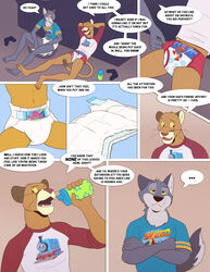 anthro ass brooks canine clothing colt3n comic cougar diaper ears_back english_text eye_contact faceless_male feet feline friends infantilism jack_(colt3n) male mammal shirt shy simple_background text wolf