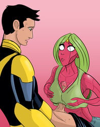 1boy 1girls black_hair breasts champions cleavage covered_breasts female green_hair large_breasts long_hair male marvel marvel_comics midriff nova_(marvel) paizuri penis red_skin ronco sam_alexander short_hair viv_vision