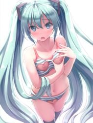 :o alternate_costume aqua_eyes aqua_hair bangs bare_arms bare_shoulders black_legwear blush bra breasts collarbone crotchless_panties embarrassed eyebrows eyebrows_visible_through_hair female from_above hair_between_eyes hair_ornament hairclip hatsune_miku heart_cutout long_hair looking_at_viewer looking_up navel nicoby nippleless_clothes nipples open_mouth panties simple_background small_breasts solo stomach striped striped_bra striped_panties tareme thighhighs tied_hair twintails underwear underwear_only very_long_hair vocaloid walking white_background