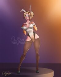 animal_ears big_breasts blonde_hair blue_eyes breasts cleavage female female_only high_heels large_breasts looking_at_viewer mercy oneeyedneko overwatch pantyhose solo