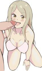 1boy blonde_hair blush breasts fellatio female kotone_noda large_breasts penis sakura_trick tongue yellow_eyes