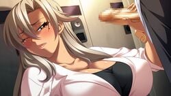 1boy bishop_(company) breasts censored clothing dark_skin female game_cg handjob kagami_hirotaka large_breasts long_hair mesu_kyoushi_3 mizusawa_chisato mole mole_under_eye penis silver_hair straight tears yellow_eyes