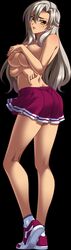 ass beauty_mark bishop_(company) breasts clothing covering_breasts dark-skinned_female dark_skin female full_body game_cg kagami_hirotaka large_breasts long_hair mesu_kyoushi_3 milf mizusawa_chisato mole mole_under_eye shoes silver_hair simple_background skirt socks solo yellow_eyes