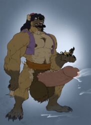 1boy abs aladdin aladdin_(character) anthro balls beard belly biceps big_balls big_biceps big_lips big_muscles big_penis black_hair black_nose body_hair brown_nose chest_hair claws clothing cum cumshot disney ejaculation erection facial_hair forge_(artist) front_view hair hat holding_object huge_cock huge_muscles humanoid_penis hyena lamp lips long_hair male male_only mammal muscular muscular_male nipples nude open_mouth orgasm pecs penis pose pubes simple_background solo standing teeth thick_penis tongue transformation tuft vein veiny_penis