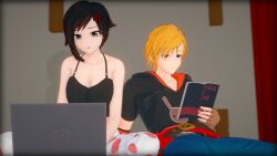 1boy 1girls 3d annoyed black_hair blonde computer_screen female hoodie jaune_arc jeans laptop male nyxxzeiss pajama_pants reading_book ruby_rose rwby sharing_bed tank_top