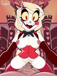 areolae big_ass big_breasts blonde_hair breasts carpet_matching_drapes charlie_morningstar_(hazbin_hotel) cowgirl_position demon demon_girl fairfaxer female female_pubic_hair full_bush genital_fluids hazbin_hotel human human_on_demon looking_at_viewer male male/female nipples pale_skin partial_male penis pubic_hair pussy red_eyes sharp_teeth vaginal_penetration