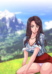 brown_eyes brown_hair female female_only kneeling leg_grab mountain necklace original panties panty_peek pixiv shirt silegy skirt smile upskirt yoshizawa_yuuri