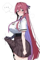 ... absurdres big_breasts big_penis black_ribbon black_skirt blush breast_pocket breasts bulge chaos_zero_nightmare clenched_hand collared_shirt colored_inner_hair commentary disheveled_hair ellipsis erection erection_under_clothes erection_under_skirt female fully_clothed futa_only futanari hair_ribbon hand_on_penis high_waisted_skirt highres intersex long_hair looking_at_viewer multicolored_hair penis pleated_skirt pocket purple_hair red_hair rei_(chaos_zero_nightmare) ribbon shirt shirt_tucked_in short_sleeves sidelocks simple_background skirt smile solo spoken_ellipsis standing star_(symbol) sweat sweating symbol-only_commentary thigh_strap tie tight_shirt trembling white_background white_shirt xipa