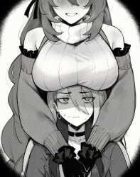 2girls anger_vein big_breasts blush breasts breasts_on_head choker detached_sleeves earrings female female/female female_only gloves greyscale height_difference horse_girl hug hug_from_behind large_breasts long_hair masoq095 mature mature_female monochrome multiple_females multiple_girls nase_fumino nervous_sweat single_earring smile super_creek_(umamusume) sweatdrop tall_female trainer_(umamusume) turtleneck turtleneck_sweater umamusume umamusume:_cinderella_gray very_long_hair wholesome yuri