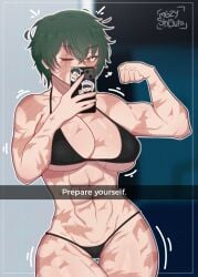 abs big_breasts bikini black_panties cellphone cellphone_picture jujutsu_kaisen muscular_arms muscular_female scars selfie text thick_thighs zenin_maki
