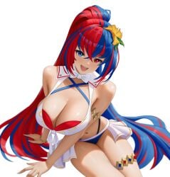 1girls :d alear_(female)_(seaside_dragon)_(fire_emblem) alear_(fire_emblem) alear_(fire_emblem)_(female) bangle bikini blue_eyes blue_hair bracelet breasts cleavage feikyart female female_only fire_emblem fire_emblem_engage fire_emblem_heroes halterneck heterochromia huge_breasts jewelry long_hair multicolored_hair navel open_mouth red_eyes red_hair revealing_clothes showgirl_skirt simple_background smile thighs white_background white_bikini