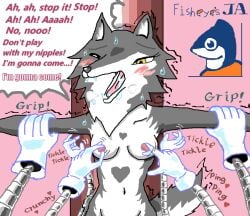 anthro blush bodily_fluids breasts canid canine canis closed_eyes convulsions darkgrey dialogue disembodied_hand drooling female gripping_arms hand_on_breast iron mammal nipple_fetish nipple_play nipples orgasm_face pinching_own_nipple pink_nipples plesure rejection saliva sign solo speech_bubble sweat sweatdrop tickling tickling_armpits tickling_machine uonome_ja wolf
